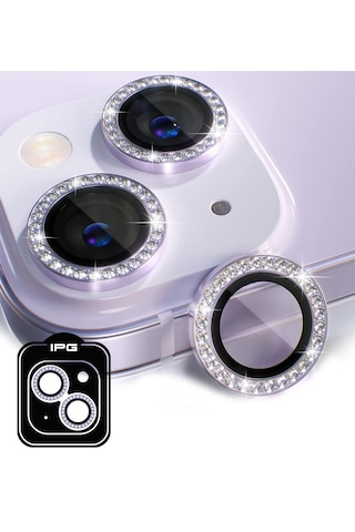 Apple Uyumlu iPhone 14 / 14 Plus İçin Ipg Kamera Lens Koruyucu - Taşlı - Mor