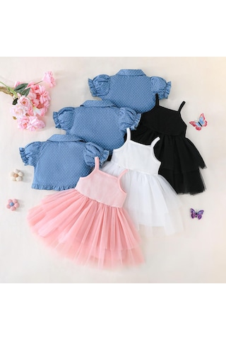 Çocuk Giyim Kız Bahar Ve Yaz Seti Halter Eklemeli Örgü Etek + Kız Üst Baskılı Noktalı Şal Etek 2 Adet Pembe