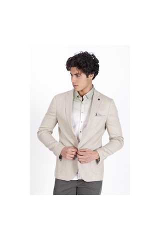 Ncs Jeans Erkek Blazer Slim Fit Dar Kesim Çizgili Keten Karışımlı Ceket 4869-Bej