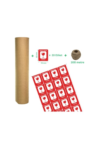 Kraft Petek Ambalaj Ve Paketleme Kağıdı 38cmx50m Ve 20 Adet Kırılır Etiketi & 100m Jüt İp Seti