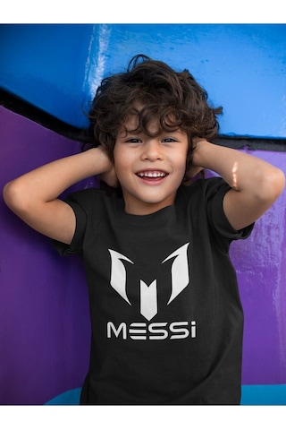 Sevbano Messi Baskılı Unisex Futbolcu Çocuk Tişört 1-12 Yaş Siyah