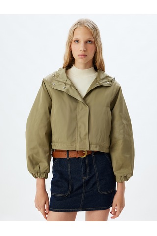 Koton Crop Ceket Oversize Fermuarlı Kapüşonlu Çıtçıt Düğmeli Su Geçirmez Haki 5wal20121ıw Haki