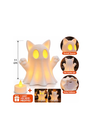 Kedi Kulaklı Hayalet Led Gece Lambası Dekoratif Işık, 11 Cm, 1 Adet Led Mum Hediyeli Renkli
