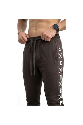 Plus Scorpion Erkek Slim Fit Eşofman Altı Yazılı Şerit Detaylı, Dar Paça Jogger Pantolon Kahverengi
