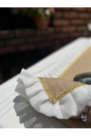 Diletto Hasır Jüt Kumaş Gold Şeritli Tül Fırfırlı Runner Hasır Kahve