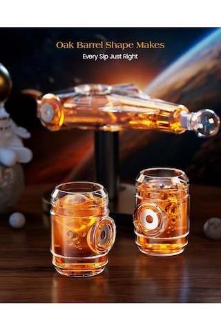 Kollea Uzay Gemisi Viski Karaf Seti 2 Manyetik Meşe Kadeh, Ahşap Stand, Sci-fi Temalı Hediye Sürahiler