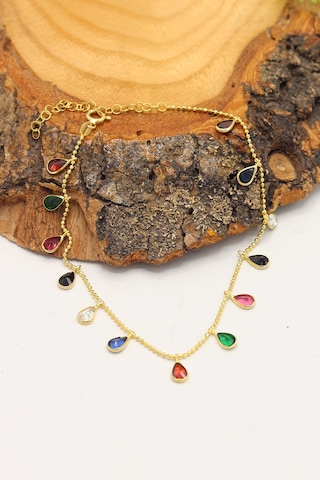 Sıra Taşlı Damla Model Gold Renk 925 Ayar Gümüş Kadın Halhal 201025738 Altın