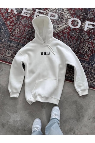 Efnaz Style Uzun Kol Kapşonlu Göğüs Baskılı Sweatshirt - Beyaz