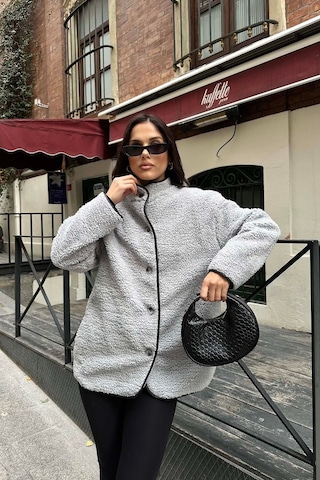 Myloore Gri Kadın Peluş Düğmeli Oversize Ceket Yumuşak Dokulu Mlb134
