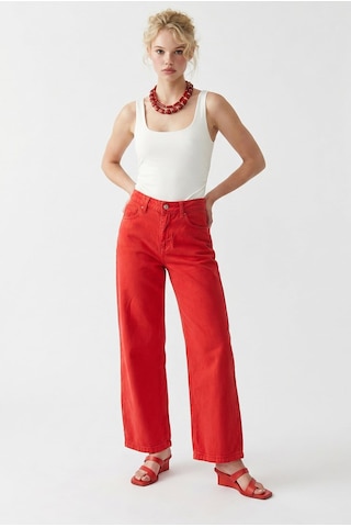 Mixray 2128 Kadın İnce Mevsimlik Yüksek Bel Wide Leg Denim Pantolon Kırmızı