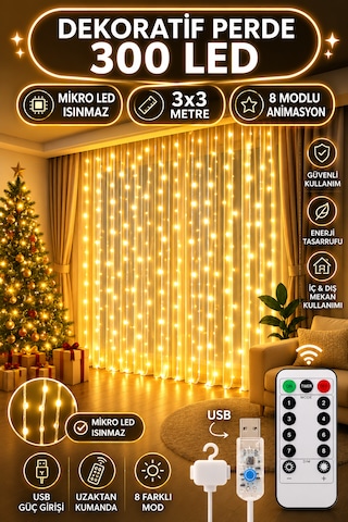 Light Home 3x3 Metre 300 Led Usb Perde Led Kumandalı 8 Modlu Dekoratif Peri Işığı Gün Işığı Gün ışığı