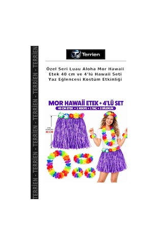 Terrien Özel Seri Luau Aloha Mor Hawaii Etek 40 Cm Ve 4 Lü Hawaii Seti Yaz Eğlencesi Kostüm Etkinliği