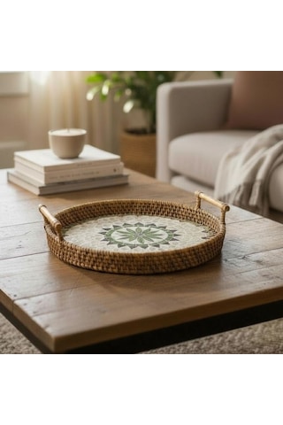 Akayev Sedefli Rattan Tepsi Kahverengi 28cm Çok Rengi