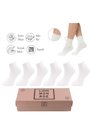 Lion Monroe Saf Bambu Kadın Lastiksiz Beyaz Soket Dikişsiz Premium Çorap Kutulu 6'lı / Iz Bırakmaz / Sıkmayan Çorap L5952az