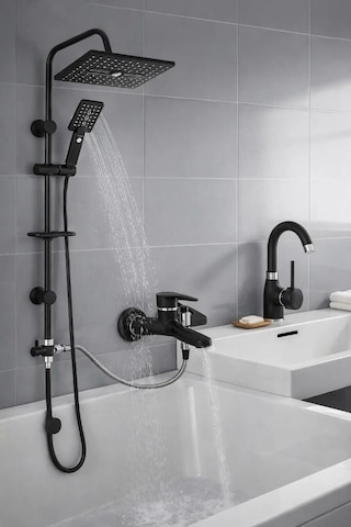 3 Lü Banyo Seti Lavabo Banyo Duş Tepeleme Robot Siyah