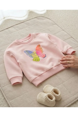 Tuffy Pembe Kelebek Desenli Bebek Sweatshirt Konforlu Üst Giyim