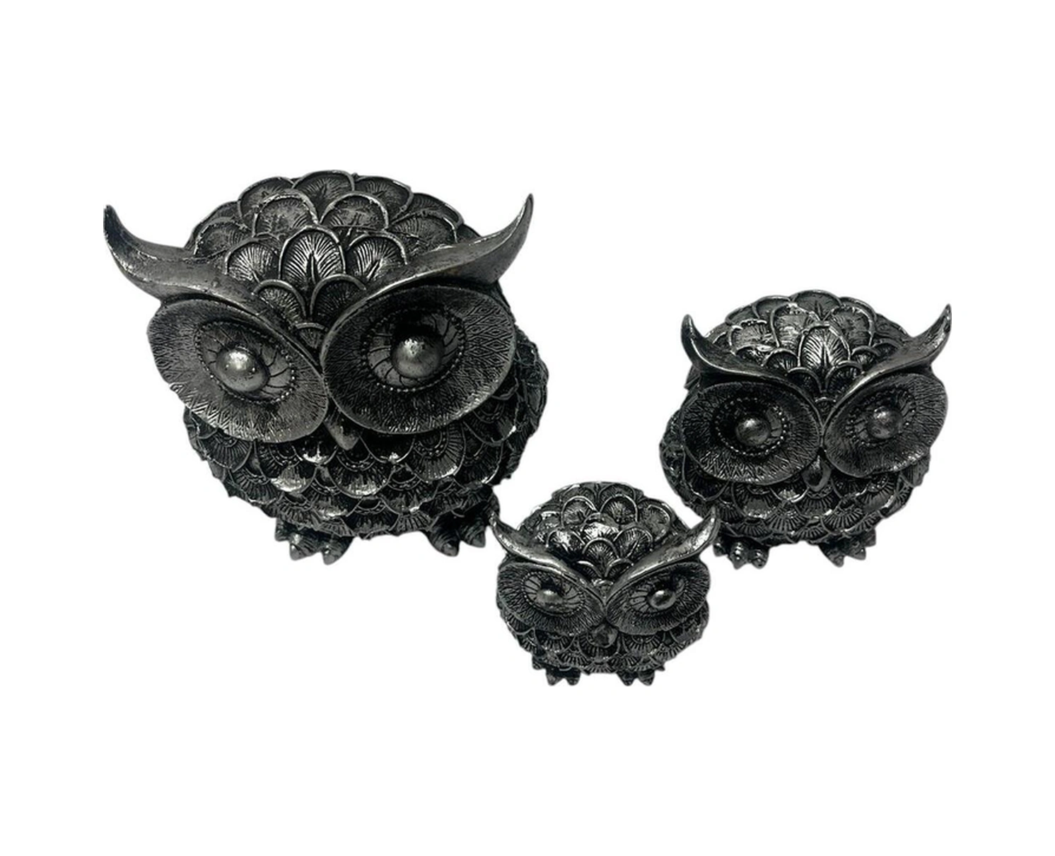 Dekoratif Polyester Üçlü Baykuş Biblo Set Gümüş Eskitme