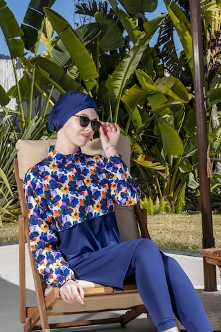 Mayom Tam Kapalı Crop Model Çiçek Desenli Tesettür Mayo-2523 Lacivert-desenli