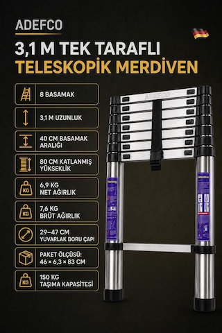 8 Basamak Paslanmaz Çelik Teleskopik Merdiven 3.1 Metre Katlanabilir Uzayan Merdiven -