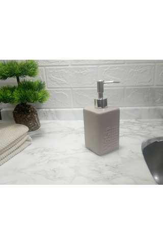 Seramik Sıvı Sabunluk Bej Modern 7x7x17cm 300ml Banyo Seti