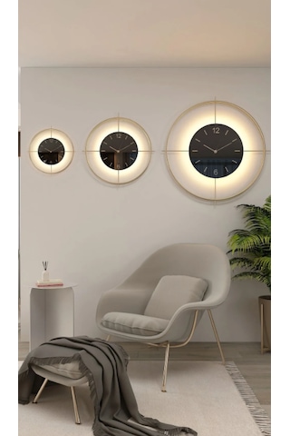 MetaQuartz Aksesuar (Büyük Boy-55*55 cm)Gold Deluxe Ledli Pilli - Siyah Göbek - Modern Dekoratif Metal D Gold