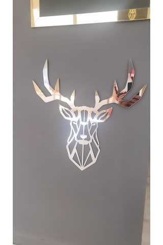 Geyik Kafası Figürü Ahşap Mdf Üzeri Aynalı Gümüş Pleksi 40x40 Cm