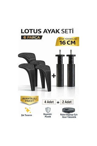 Lotus 16 Cm Ayak Seti Siyah 6 Parça Robot Süpürgeye Uyumlu Koltuk Mobilya Dolap Baza Ayağı Siyah