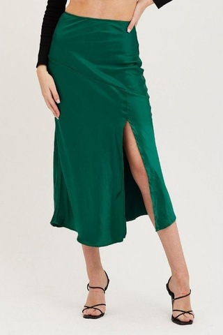 Yüksek Bel Saten Düz Renk Ayrık Uzun Büstiyer Etek Koyu Yeşil