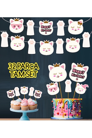 32 Parça Kedi Beyaz Sevimli Kedi Doğum Günü Seti Banner +pasta Kürdanı+ Cupcake Süsü Seti +0