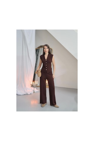 Paw Garage Kadın Julia Gold Düğme Detaylı Yelekli Palazzo Pantolon Takım - Yazlık Soft Modal Kumaş Füme