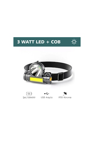 OL-108 Şarjlı Kafa Lambası Su Geçirmez Kafa Feneri 3 W + Cob Led Siyah