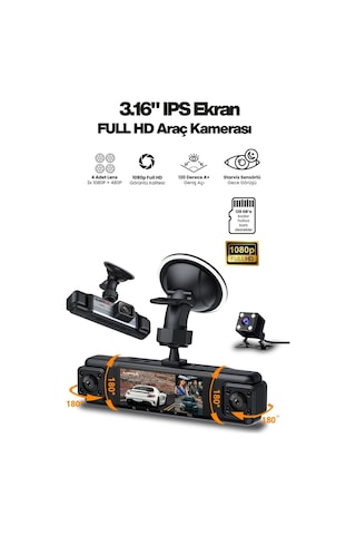 4 Lensli Full Hd 1080p 3.16" Ekran Araç İçi Kamera 4 Kamera Ayarlanabilir Açı Hareket Algılama