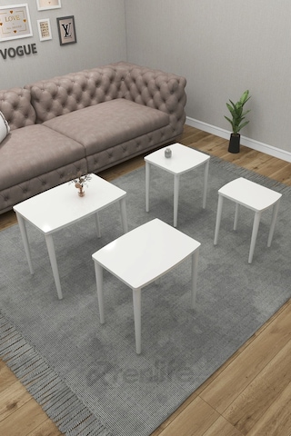 Renlife 4 Lü Ahşap Zigon Sehpa Takımı Beyaz Lake Boyalı Beyaz Beyaz Ayaklı Boyalı