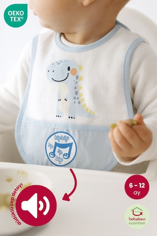 Düdüklü Cepli Sıvama Mama Önlüğü - Smiling Dino Mavi Bebek Önlüğü Açık Mavi