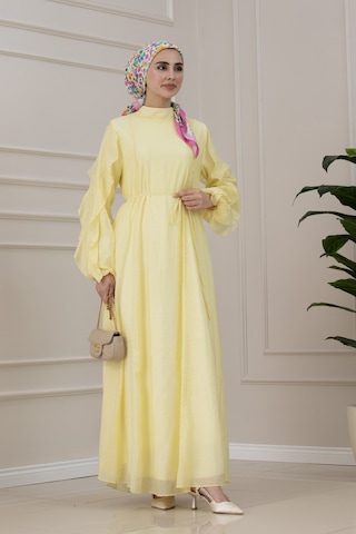 Sevitli Kolları Fırfır Detaylı Simay Elbise-sarı-5794