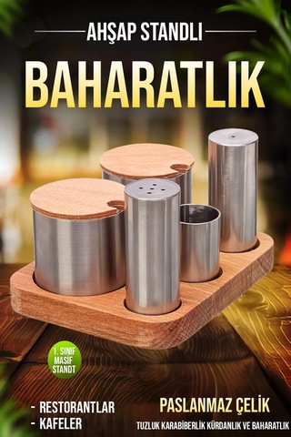 5'li Ahşap Stantlı Paslanmaz Çelik Baharatlık Ve Şekerlik Seti Kafe Restorant Set Diğer