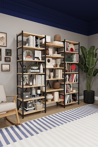 Asra Trend 6 Raflı Metal Kitaplık METALK03 %100 MDF Üç Modüllü Geniş Kütüphane Safir Meşe
