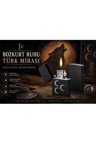 Asaletin Gücün Simgesi Bozkurt Ruhu Türk Mirası Üç Hilal Desenli Benzinli Metal Çakmak Dolu Gönderim Siyah
