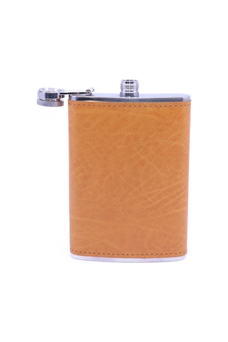Turuncu Deri Kaplama Paslanmaz Çelik Cep Matarası - Hip Flask 9 Oz