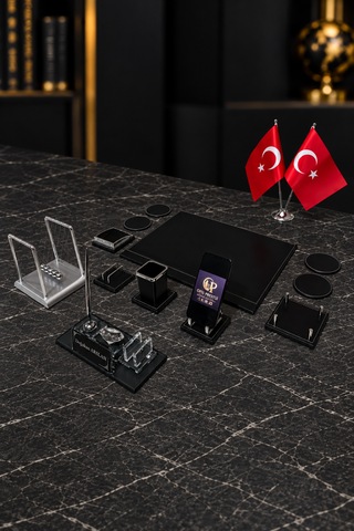 13 Parça Kristal Masa İsimlik Seti Kişiye Özel Newton Denge Toplu Ofis Sümen Takımı Siyah