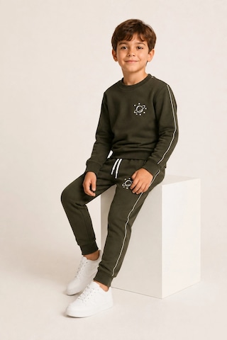 Rony Pony Kids Erkek Çocuk Haki Gezegen Baskılı Beyaz Biyeli Sweatshirt Jogger Eşofman Takımı