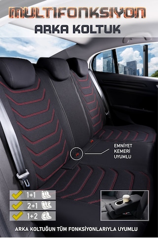 Renault Megane 2 Station Wagon Uyumlu Lüx Deri Detaylı Oto Koltuk Kılıfı Ön Arka Takım Carbon Siyah Kırmızı
