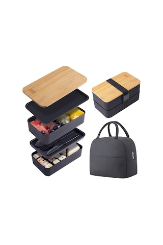 Dofolink Doğal Bambu Kapağı Çift Katlı Bento Kutusu, Mikrodalga Uyumlu, Yemekleri Ayırır, Isı Saklama Çantasıyla, Öğrencilere Ve Çalışanlara Uygun, Sağlıklı Pp Malzeme Siyah