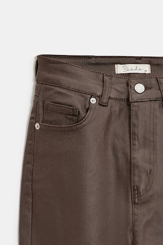 Sââde Kadın Mumlu Waxed Yüksek Bel Düz Kesim Likralı Jean Pantolon - Paça Detaylı Kahverengi