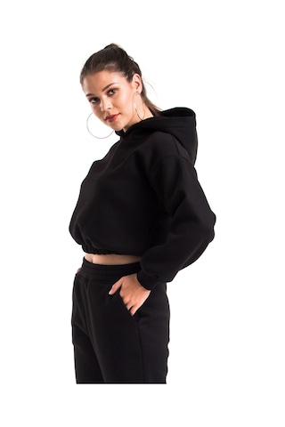 Caya Kadın Ekru Renk Kapüşonlu Crop Kesim Sweatshirt Cy84196 Beyaz Siyah