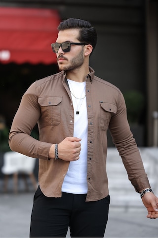 Mero Life Erkek Kahverengi Slim Fit Dar Kesim Kot Gömlek Kahverengi