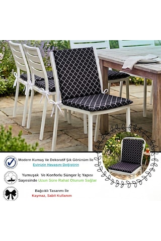 40x40 Cm Siyah Arkalıklı Sandalye Minderi Pamuk Polyester Kumaş İpli Sırtlı Mutfak Ve Bahçe Minderi