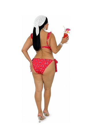 Büyük Beden Desenli Fırfır Askılı Uzun Üçgen Yandan Bağlamalı Kadın Bikini Takım