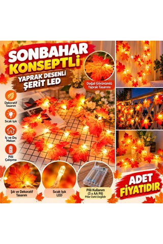 Sonbahar Konseptli Dekoratif Yaprak Desenli Şerit Led Gece Lamabası Adet