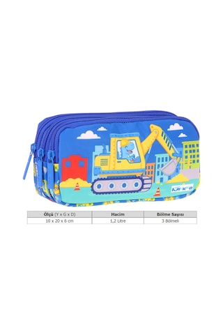 Kaukko Kids Dinazor Ve İş Makinesi Baskılı Mavi - Sarı Erkek Çocuk Okul Kalemliği Kalem Çantası - L5371